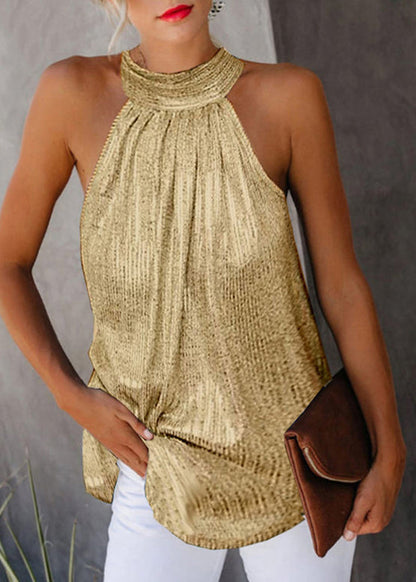 Original Design Gold Turtleneck Wrinkled Top Sleeveless