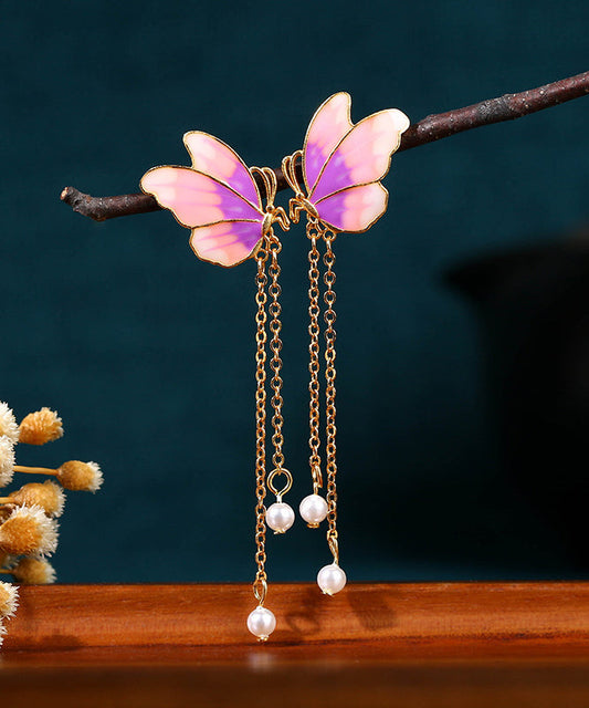 Pendientes con borlas de mariposa y perlas doradas antiguas con degradado de color, diseño original