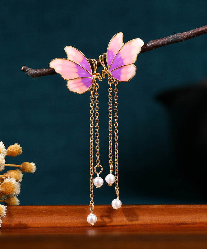 Pendientes con borlas de mariposa y perlas doradas antiguas con degradado de color, diseño original
