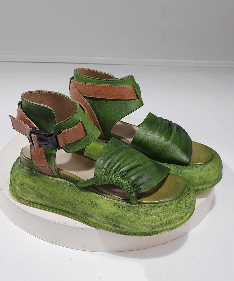 Original Design Grüne Rindsleder Plateau Sandalen Peep Toe