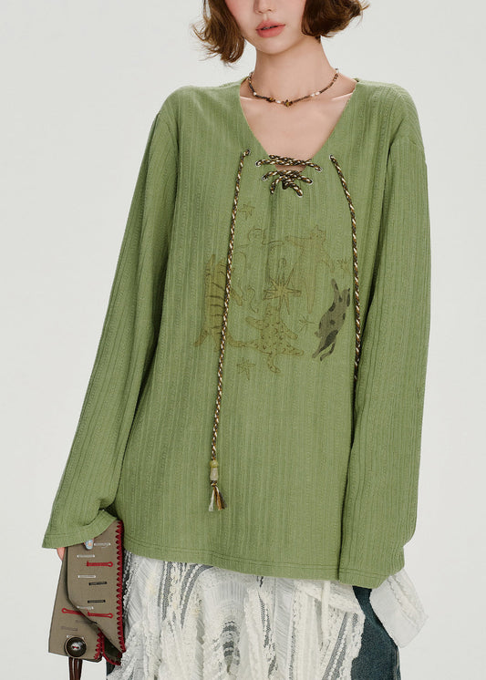 Original Design Green Lace Up Patchwork Cotton T Shirts Spring