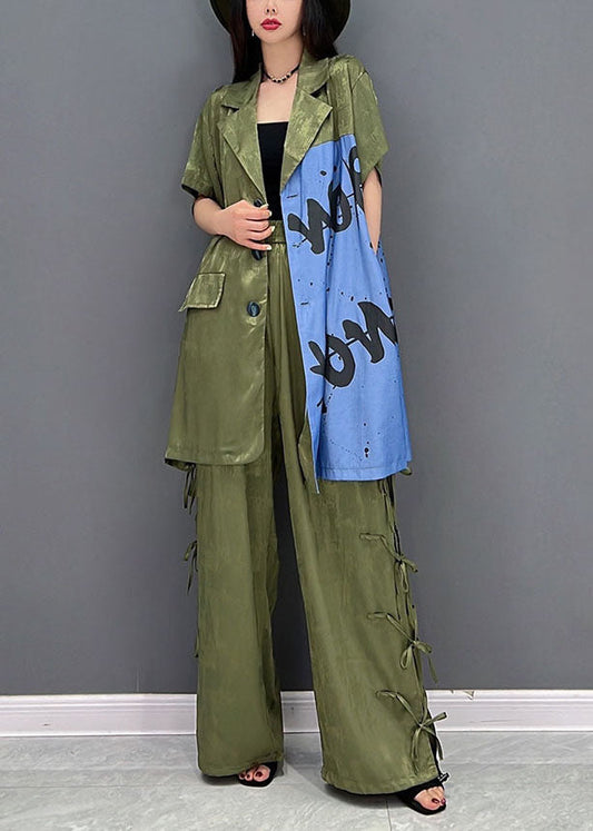 Original Design Grün Revers Kragen Seite Offen Druck Baumwolle Zwei Stücke Set Frühling