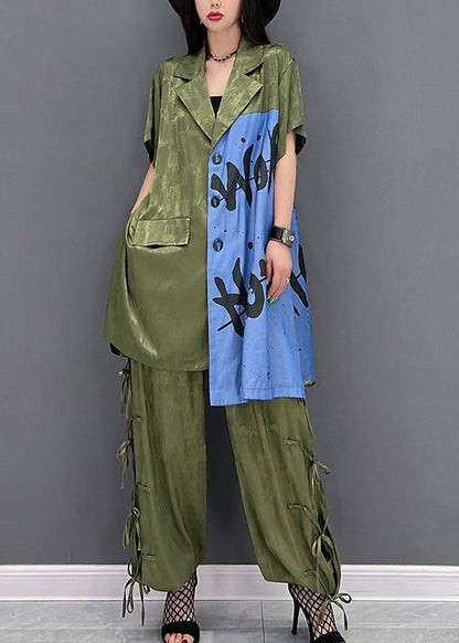 Original Design Grün Revers Kragen Seite Offen Druck Baumwolle Zwei Stücke Set Frühling