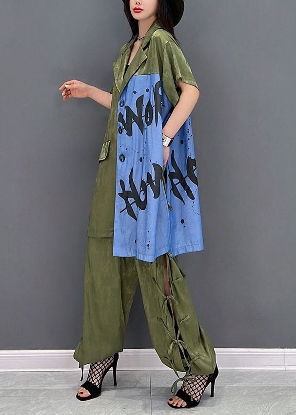 Original Design Grün Revers Kragen Seite Offen Druck Baumwolle Zwei Stücke Set Frühling