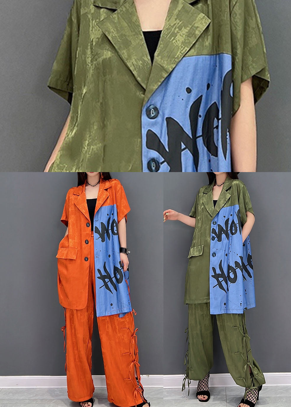 Original Design Grün Revers Kragen Seite Offen Druck Baumwolle Zwei Stücke Set Frühling