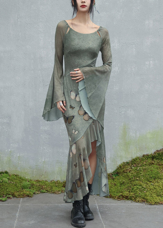 Original Design Grünes Maxikleid aus Tüll mit Rundhalsausschnitt und Schmetterlingsmuster, ausgestellten Ärmeln