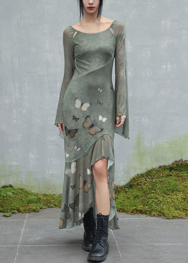 Vestido largo de tul con diseño original de mariposa verde con cuello redondo y mangas acampanadas