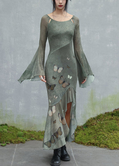 Vestido largo de tul con diseño original de mariposa verde con cuello redondo y mangas acampanadas