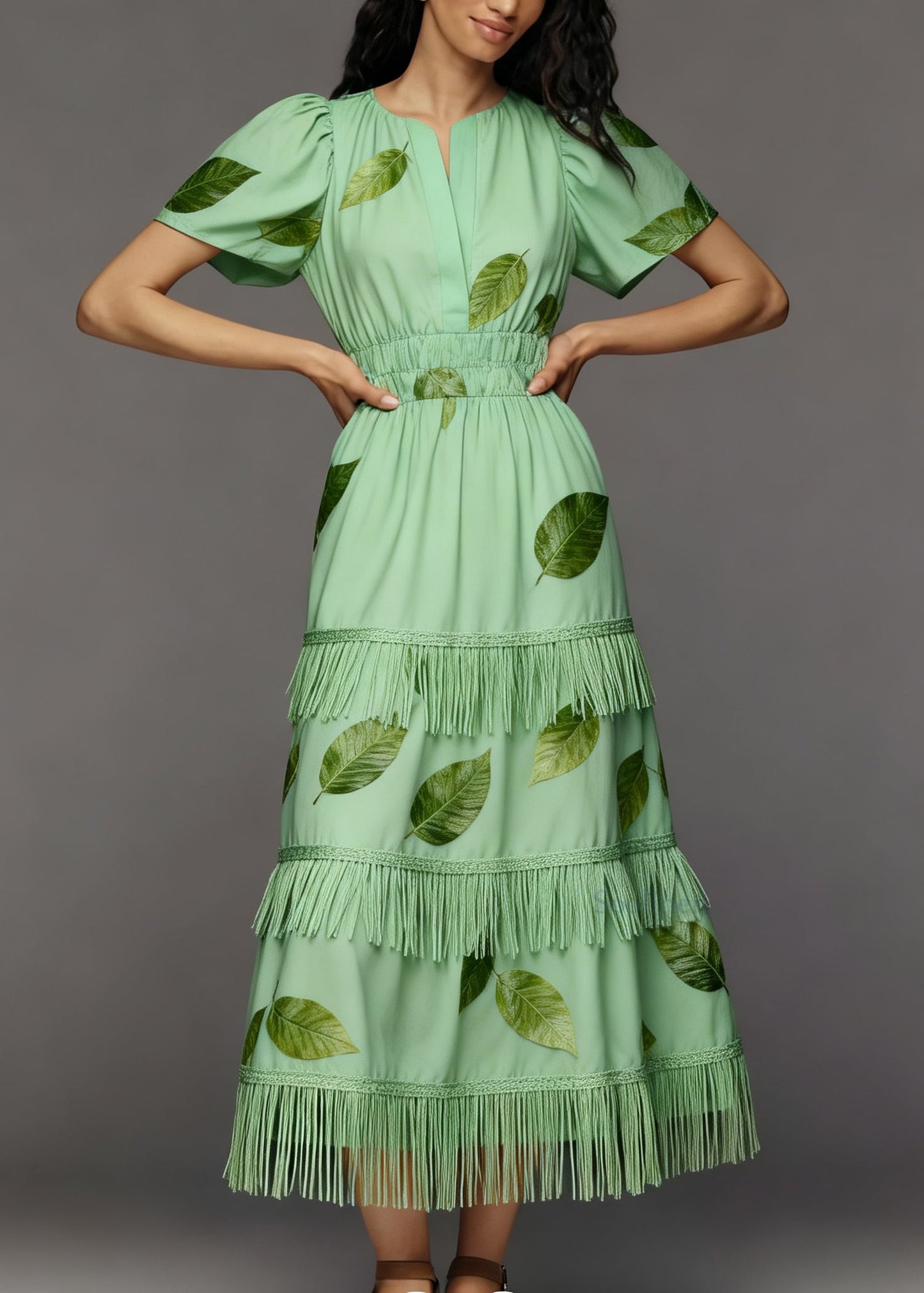 Original Design Green Tasseled Patchwork Cotton Maxi Dresses Summer