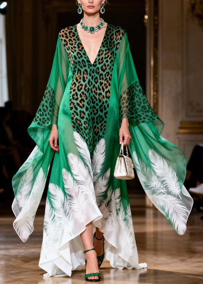 Original Design Green V Neck Print Chiffon Ankle Dress Summer