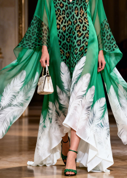 Original Design Green V Neck Print Chiffon Ankle Dress Summer