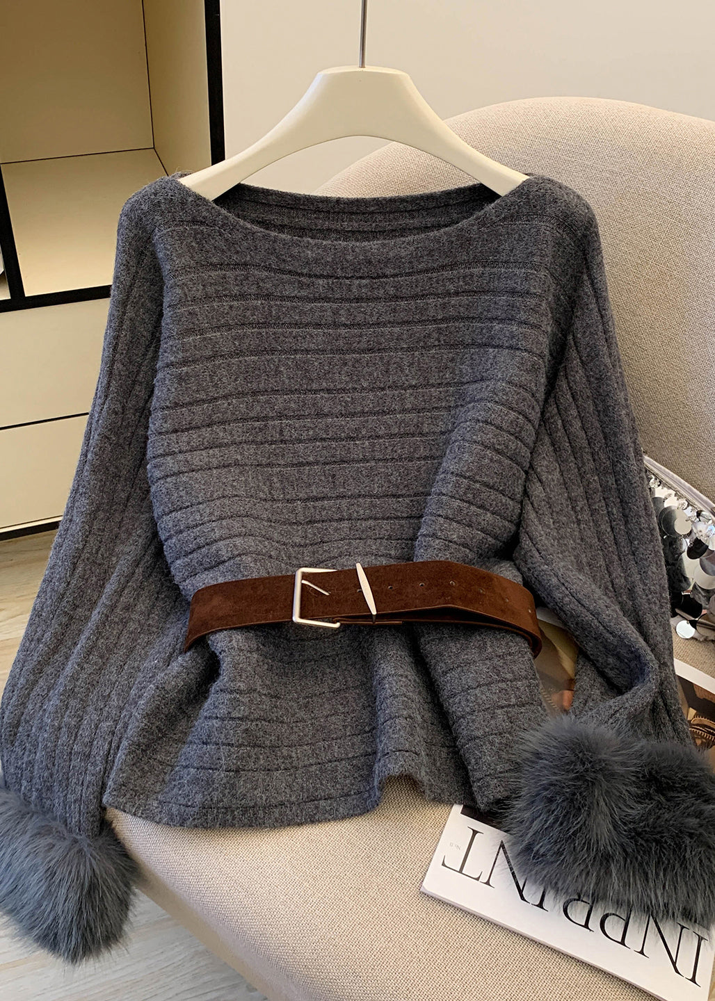Original Design Grey Slash Neck Fur Patchwork Knit Sweaters Spring