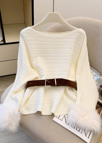 Original Design Grey Slash Neck Fur Patchwork Knit Sweaters Spring