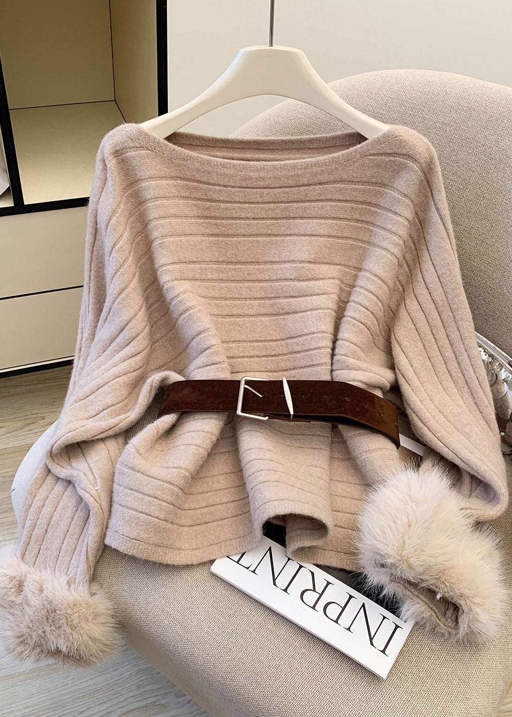 Original Design Grey Slash Neck Fur Patchwork Knit Sweaters Spring