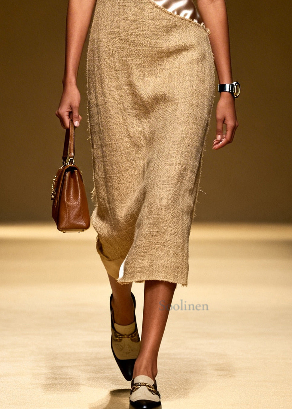 Original Design Khaki Asymmetrical Patchwork Linen Silk Dresses Summer