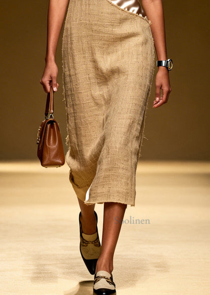 Original Design Khaki Asymmetrical Patchwork Linen Silk Dresses Summer
