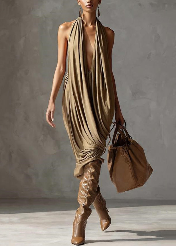 Original Design Khaki Asymmetrical Wrinkled Cotton Dresses Sleeveless