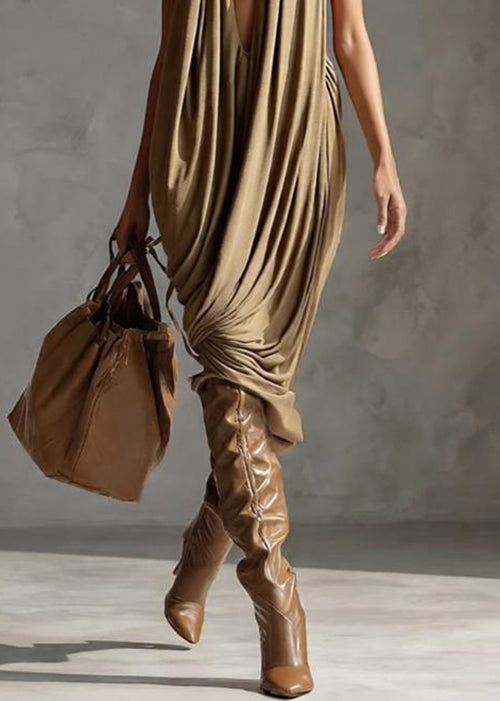 Original Design Khaki Asymmetrical Wrinkled Cotton Dresses Sleeveless