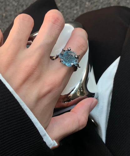 Original Design Light Blue Copper Zircon Resin Rose Open Rings Blue Copper Zircon Resin Rose Open Rings