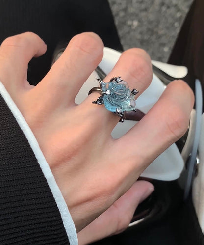 Original Design Light Blue Copper Zircon Resin Rose Open Rings Blue Copper Zircon Resin Rose Open Rings