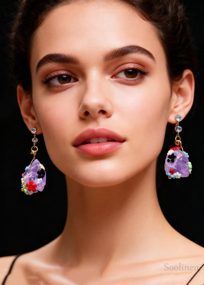 Original Design Naturally Purple Jade Multicolour Flowers Drop Earrings