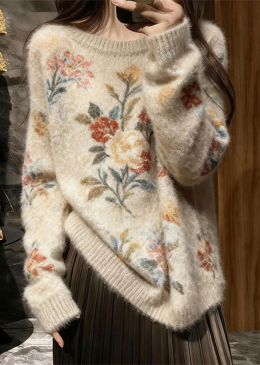Original Design Rundhals-Pullover aus dickem, floralem Strick für den Winter