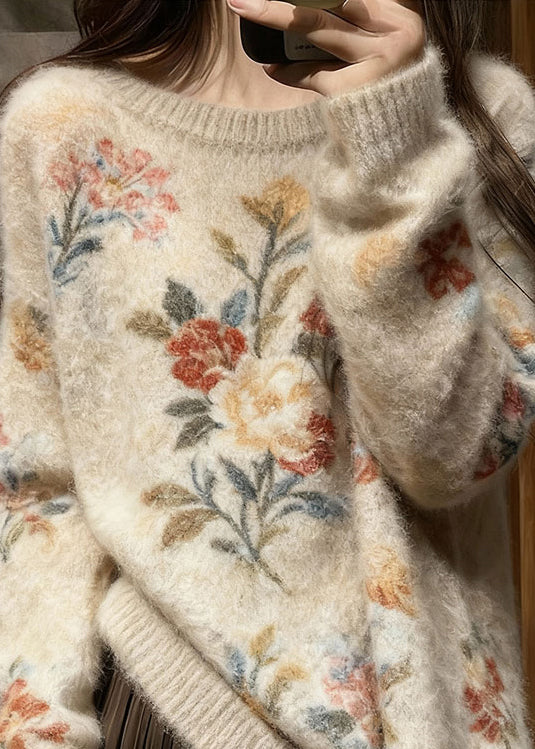 Original Design O Neck Thick Floral Knit Pullover Winter