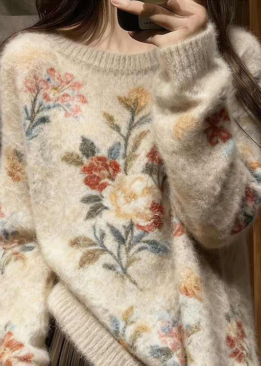 Original Design Rundhals-Pullover aus dickem, floralem Strick für den Winter