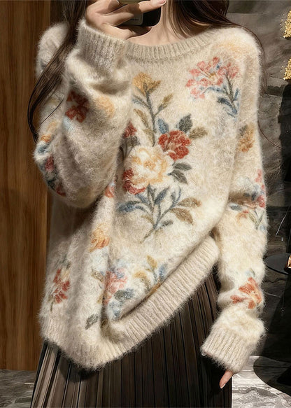 Original Design O Neck Thick Floral Knit Pullover Winter