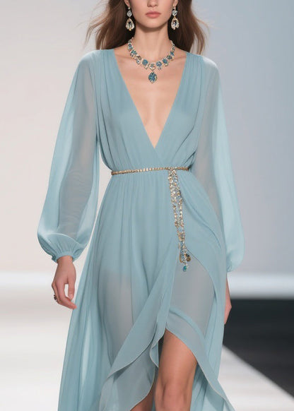 Original Design Pale Mint Blue Low High Design Solid Chiffon Long Dress Spring