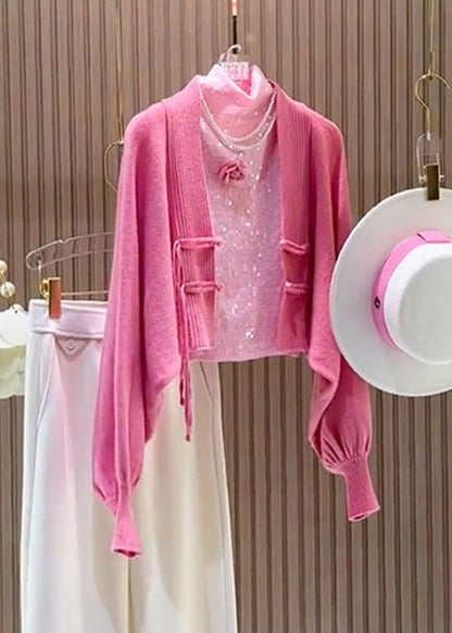 Original Design Pink Chinese Button Cozy Knit Cardigan Fall