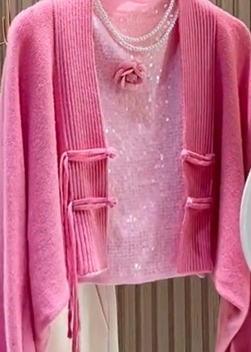 Original Design Pink Chinese Button Cozy Knit Cardigan Fall