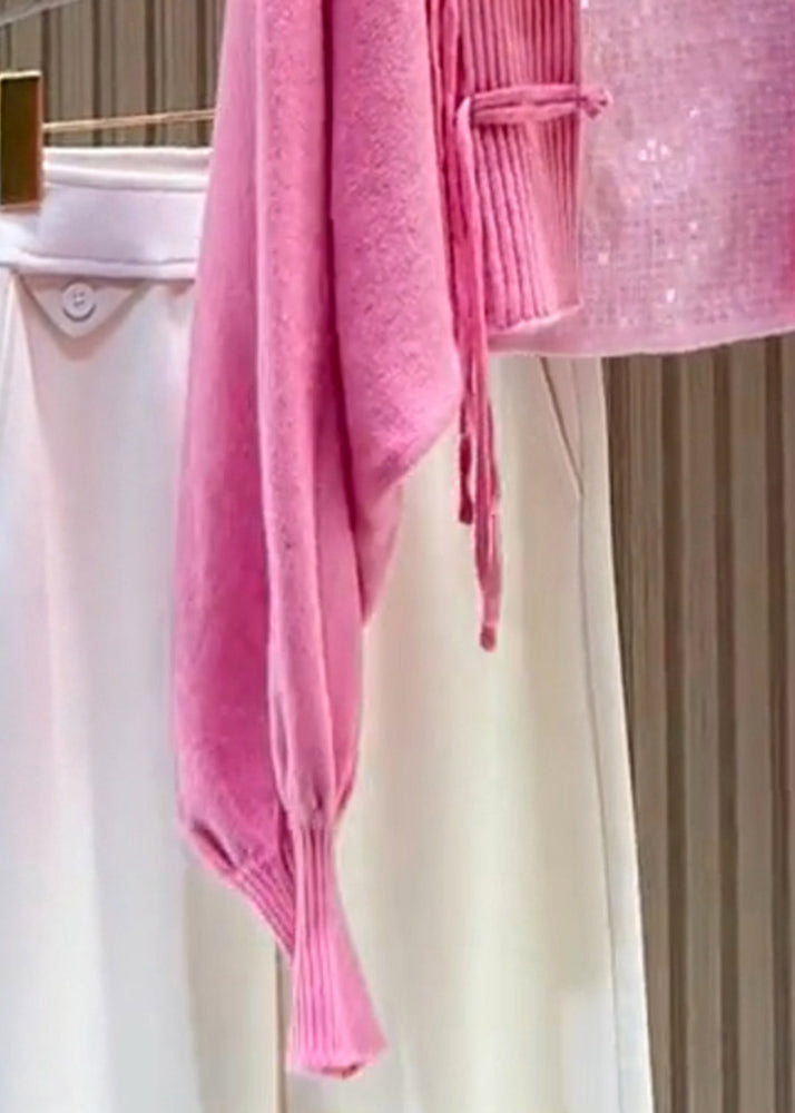 Original Design Pink Chinese Button Cozy Knit Cardigan Fall