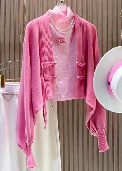 Original Design Pink Chinese Button Cozy Knit Cardigan Fall