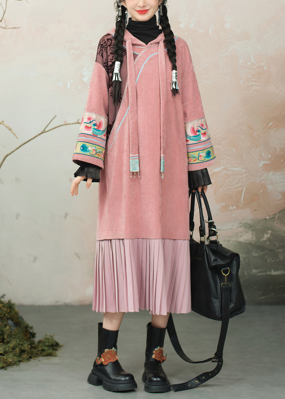 Original Design Pink Hooded Embroidered Patchwork Chenille Dresses Spring