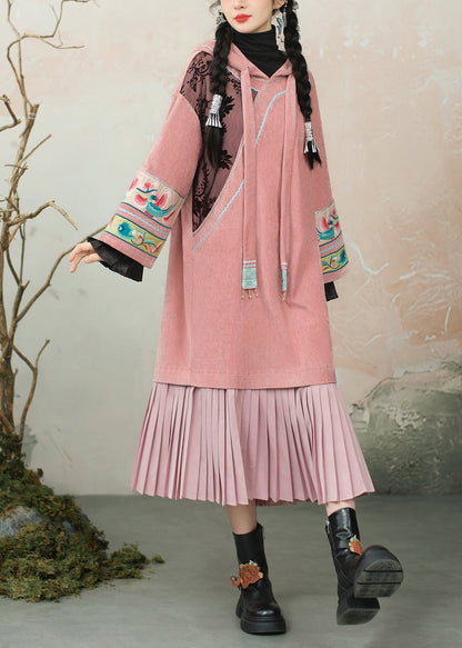 Original Design Pink Hooded Embroidered Patchwork Chenille Dresses Spring