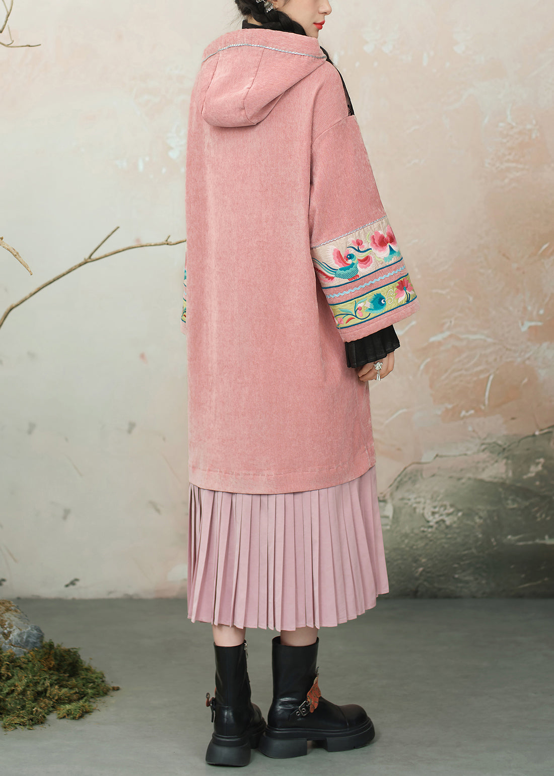 Original Design Pink Hooded Embroidered Patchwork Chenille Dresses Spring