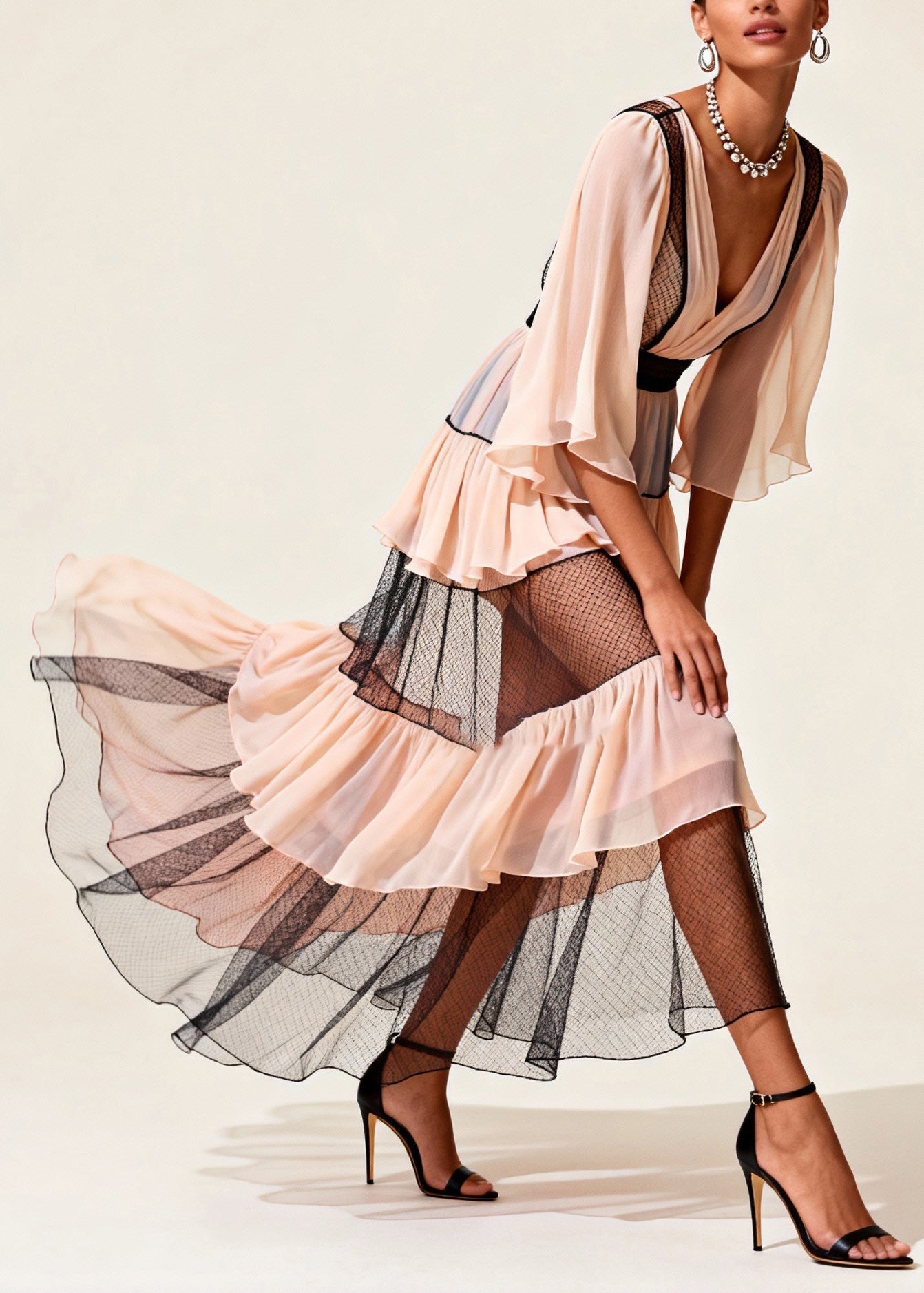 Original Design Pink Wrinkled Tulle Patchwork Long Dresses Half Sleeve