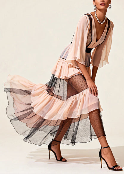 Original Design Pink Wrinkled Tulle Patchwork Long Dresses Half Sleeve