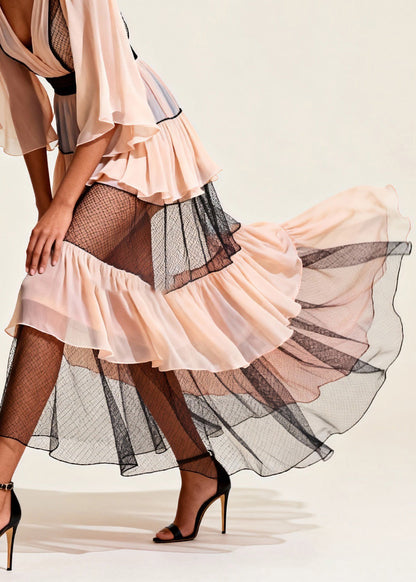 Original Design Pink Wrinkled Tulle Patchwork Long Dresses Half Sleeve