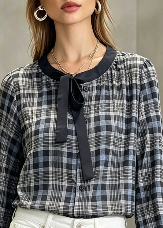 Original Design Plaid Bow Wrinkled Tops Fall