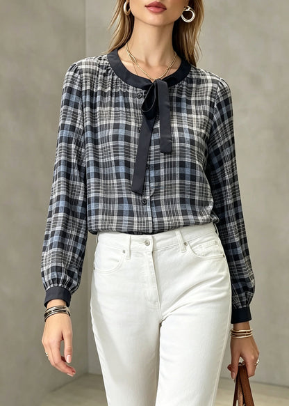 Original Design Plaid Bow Wrinkled Tops Fall