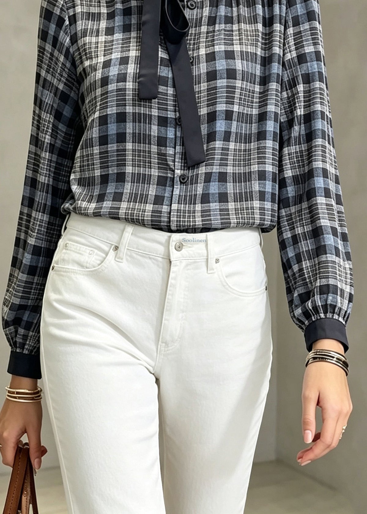 Original Design Plaid Bow Wrinkled Tops Fall