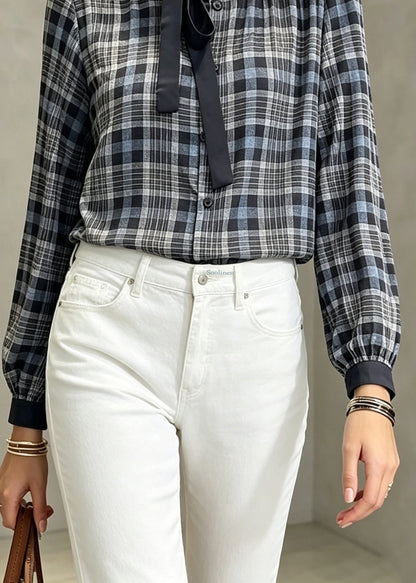Original Design Plaid Bow Wrinkled Tops Fall