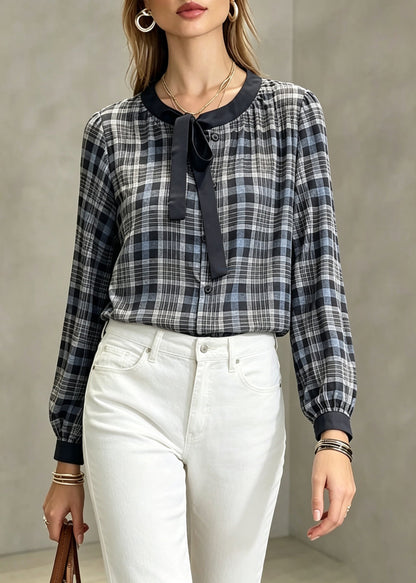 Original Design Plaid Bow Wrinkled Tops Fall