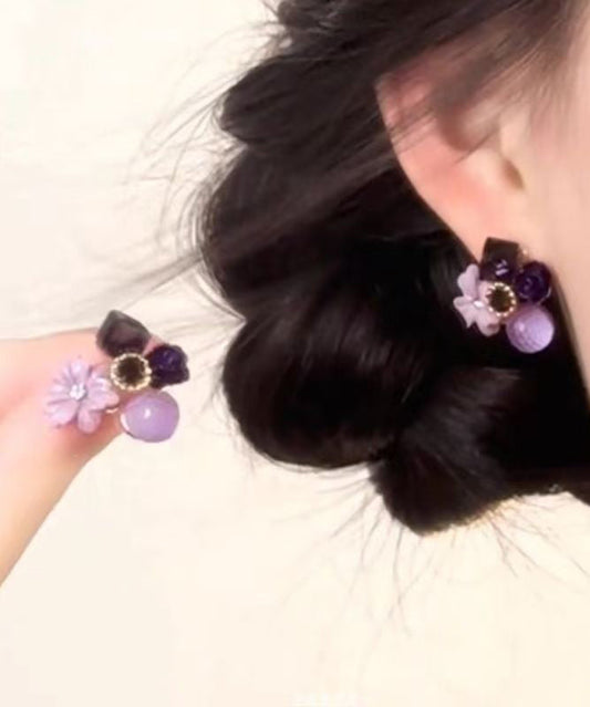 Original Design Purple Alloy Zircon Floral Stud Earrings