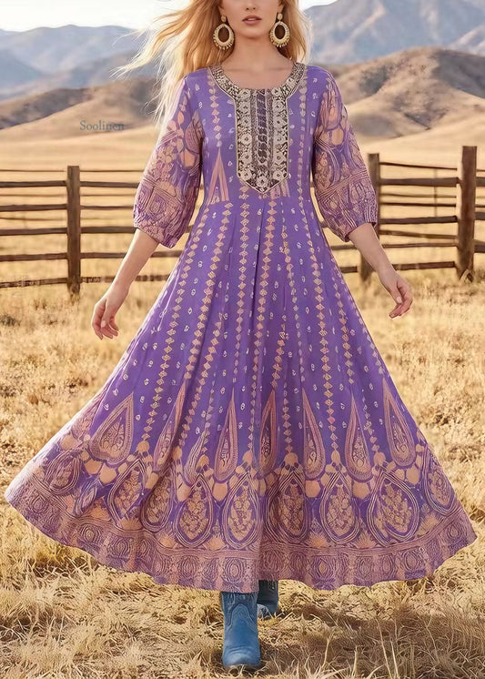 Original Design Purple O Neck Print Exra Large Hem Cotton Dress Summer