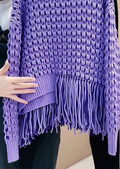 Suéter de punto de algodón acogedor con diseño original de borlas moradas y patchwork calado para primavera