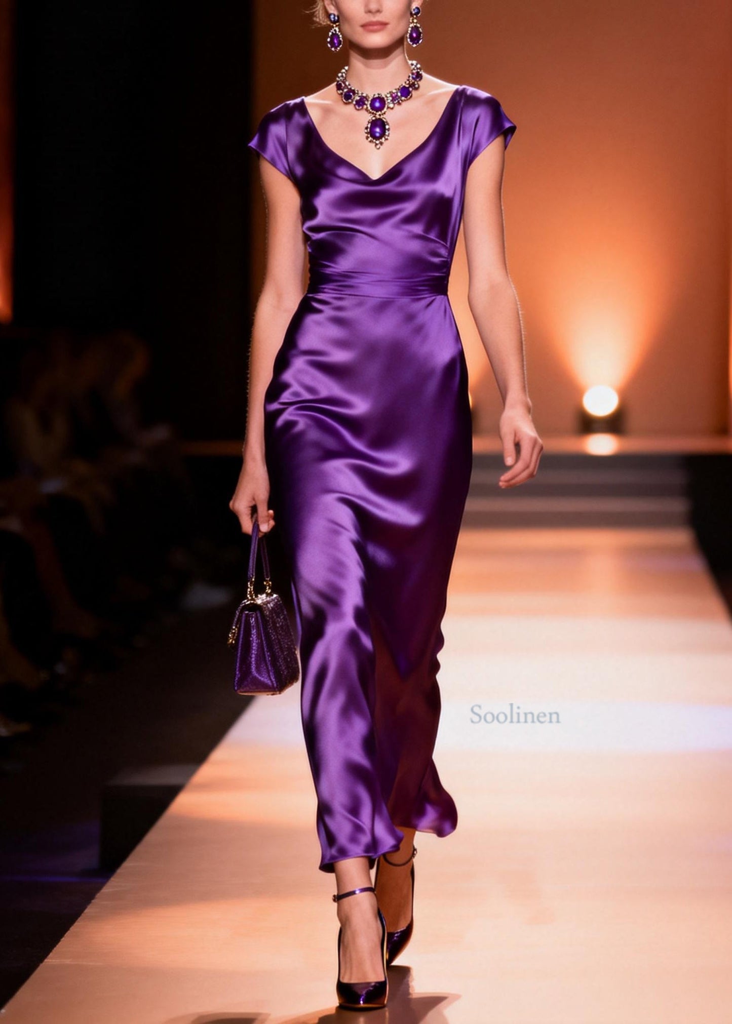 Original Design Purple V Neck Silk Long Dress Summer