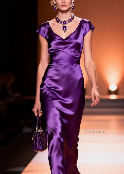 Original Design Purple V Neck Silk Long Dress Summer